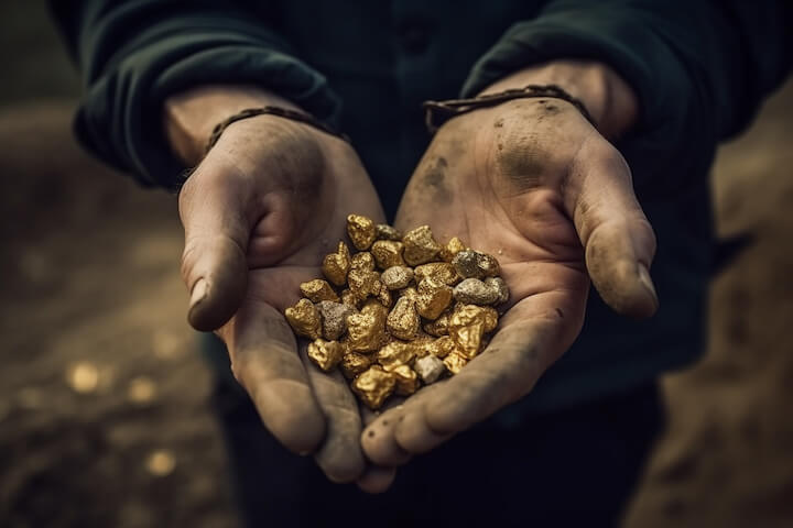 un minatore raccoglie tra le mani pepite di oro etico